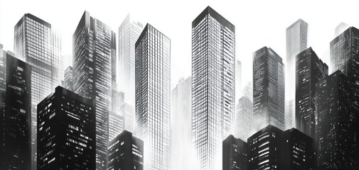 Monochrome cityscape featuring tall skyscrapers with illuminated windows emerging from fog creating an atmospheric and mysterious urban scene