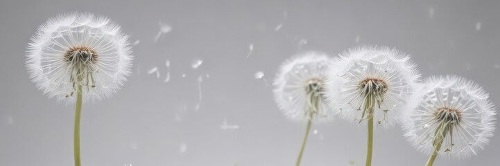 Close-up of pristine white dandelion seeds floating on a stark white background, spring, environment, delicate