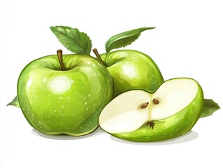 Vector green apple with slice cut out on white background 