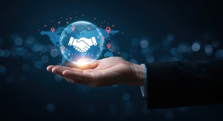 Hand Holding Digital Globe with Global Business Partnership Concept