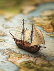A miniature wooden sailing ship rests on an antique world map, sails billowing subtly, evoking a sense of adventure and exploration