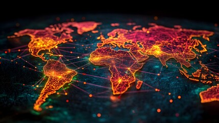 A glowing world map with interconnected nodes, showcasing global networks and connections in vibrant orange and red hues against a dark background