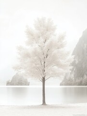 Solitary, pale tree by calm water, mountains faintly visible in background; ethereal, minimalist aesthetic