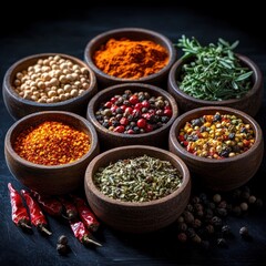 Fototapeta premium Various colorful spices and dried herbs in wooden bowls arranged neatly with dried red chili peppers on a dark surface, evoking warmth and culinary richness