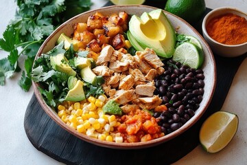 Colorful bowl with grilled chicken, avocado slices, black beans, corn, cilantro, lime wedges, diced potatoes, and salsa, presented on a wooden board with fresh herbs and spices around