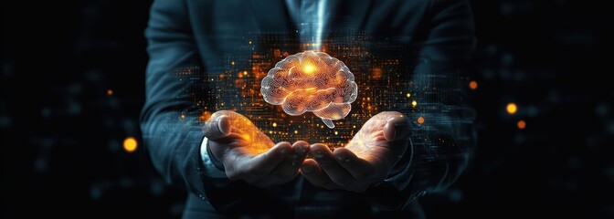 Businessman holding glowing digital brain hologram symbolizing artificial intelligence and futuristic technology innovation