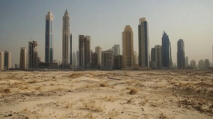 Urban Development Contrast in Desert Landscape with Skyscrapers