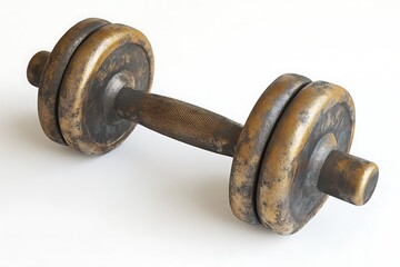 Close up shot of a rusty and aged dumbbell with weights on a white background in a studio setting