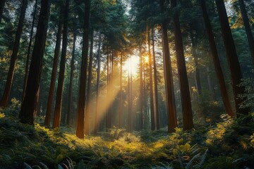 Naklejka premium Sunlight beams piercing through dense tall trees illuminating lush green forest floor covered with ferns creating a serene and magical atmosphere