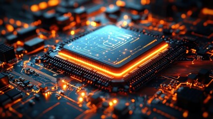 Close-up view of a glowing computer microchip on a circuit board illuminated with orange light highlighting intricate electronic components and connections
