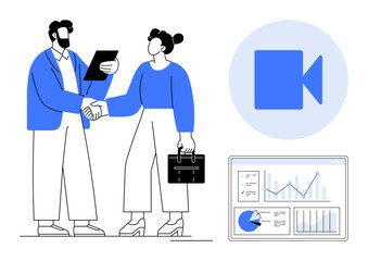 Professionals shaking hands, discussing documents, video call icon, and analytics dashboard. Ideal for teamwork, remote work, communication, partnership, business strategy analysis simple landing