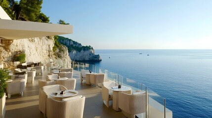 Lux beach hotel cafe with panoramic sea views and modern decor