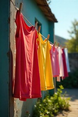 Vibrant colorful clothing pegged to a rustic wooden clothesline, drying in the sun  A nostalgic image of simple, outdoor laundry day , outdoor, old-fashioned, light