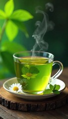 Steaming cup of vibrant green herbal tea, featuring fresh mint and chamomile blossoms  Perfect for wellness, relaxation, and healthy lifestyle imagery ,  soothing,  hot drink