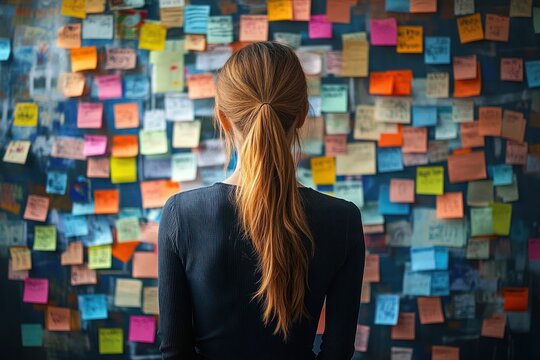 woman with long hair tied in a ponytail standing and looking at a wall covered with colorful sticky notes expressing overwhelming thoughts and planning