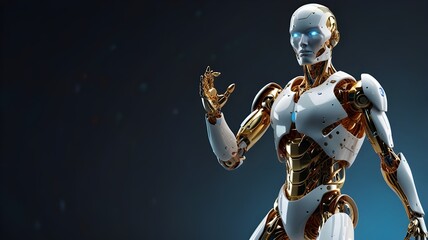 Fototapeta premium White and Gold Robot with Glowing Eyes Giving a signal on the right side