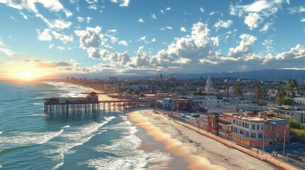 Aerial view of a coastal city at sunset with waves gently crashing on a sandy beach, piers stretching into the ocean, and a partly cloudy sky casting warm light over buildings and palm trees