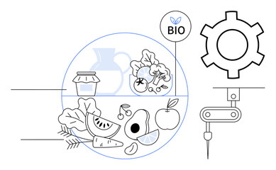 Fresh fruits, vegetables, wheat, and jars under a Bio label alongside a cogwheel and robotic arm. Ideal for healthy eating, agriculture, automation, sustainability, organic food bioengineering
