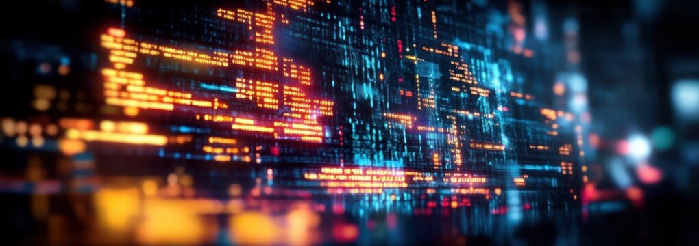 Abstract digital data visualization with glowing orange and blue lines and dots representing complex information flow and technology in a futuristic setting