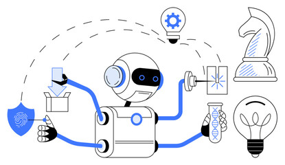 Robot with multiple arms handles lab research, downloads, lightbulb ideas, strategy planning, and digital security. Ideal for innovation, AI, technology, science creativity problem-solving