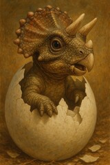 Fototapeta premium Newly hatched triceratops emerging from egg in prehistoric setting