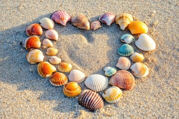 Obraz premium Colorful seashells create a heart shape on sandy beach at sunset, Colorful seashells arranged in heart shape on sandy beach