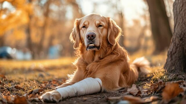 Golden retriever resting on the ground with a bandaged paw in a serene autumn park setting surrounded by colorful foliage 4k video footage
