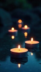Several floating candles illuminate a dark, tranquil water surface, creating a serene and magical atmosphere Perfect for spa, relaxation, meditation, or fantasy themes , calm, lighting, liquid
