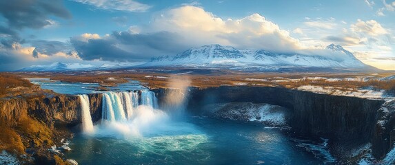 Wide view of a powerful waterfall cascading into a deep blue pool surrounded by rocky cliffs with a snowy mountain range and partly cloudy sky in the background during golden hour