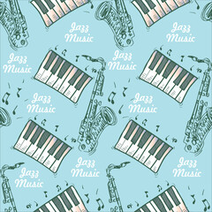 Seamless pattern of musical jazz instruments with notes. Vector illustration.