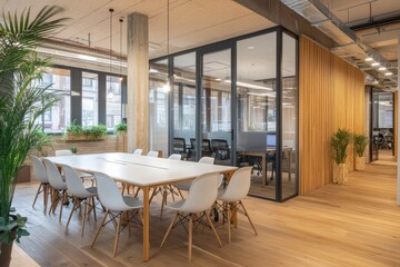 Modern office space with conference room, plants, wood accents, and natural light