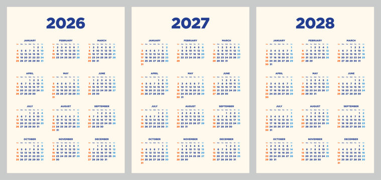 Three-year calendar from 2026 to 2028, vertical design