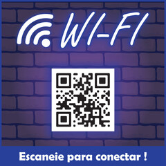 Placa Neon Wi-Fi Gr&aacute;tis com QR Code. Arte nas Cores Branco e Azul com Textura de Tijolos ao Fundo.	