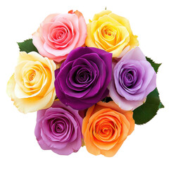 Colorful assortment of pink, yellow, purple and orange roses in a beautiful bouquet, Colorful Assortment Roses Bouquet Pink, Yellow, Purple, Orange, Red On Transparent background