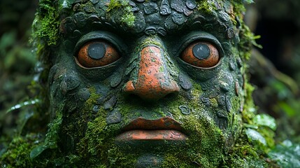 Moss-covered stone face with orange accents and large, unsettling eyes, set against a dark, verdant background