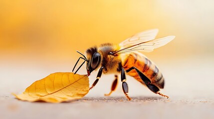 秋の陽光と蜜蜂、枯葉の上