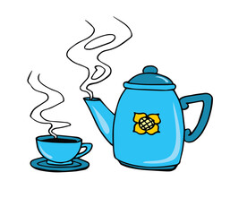 Tea set - teapot, cup with hot tea, hand drawn sketch vector illustration