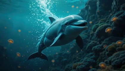 Obraz premium a smiling dolphin breaching near an underwater