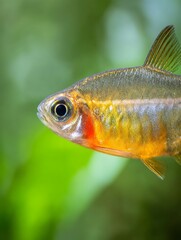 Fototapeta premium Close up of a vibrant, translucent fish against a blurred green background.
