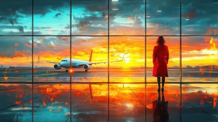 A lone figure in a red coat stands inside an airport terminal watching an airplane on the runway at vibrant sunset with reflective floor and dramatic sky