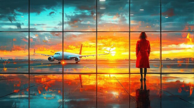 A lone figure in a red coat stands inside an airport terminal watching an airplane on the runway at vibrant sunset with reflective floor and dramatic sky