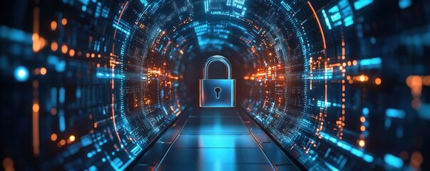 3D digital tunnel with glowing futuristic data streams and a central metallic padlock symbolizing cyber security and data protection