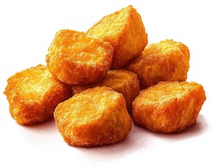 Close-up of seven golden crispy fried chicken nuggets isolated on white background