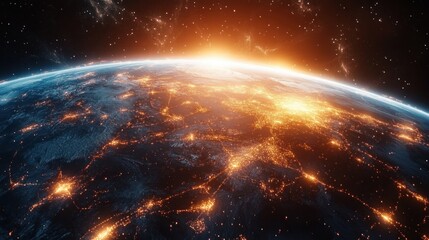 Obraz premium Sunrise over Earth viewed from space showing illuminated city lights and networks on the dark side of the planet with stars in the background