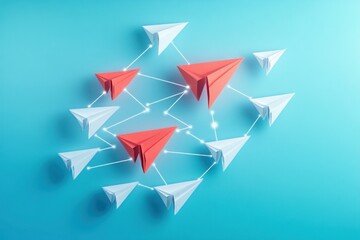 Group of white and red paper airplanes connected by glowing lines on blue background symbolizing networking and leadership