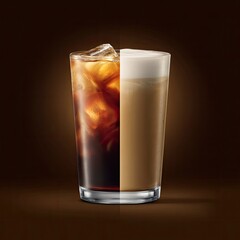 Half Iced Coffee, Half Latte.  A refreshing split drink featuring chilled, dark coffee on one side and creamy latte foam on the other, presented in a clear glass with ice cubes