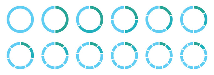  Pie chart set different color circles. donut and pie chart infographic elements set. Pie chart divided 4,5,6 equal parts. Color pizza or donut round diagram. Infographic wheel segment and fraction.