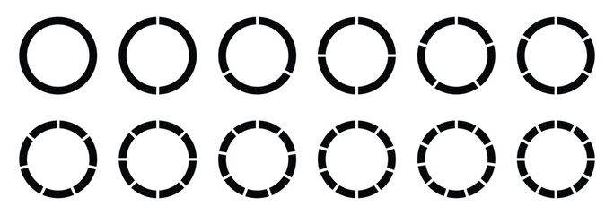  Pie chart set different color circles. donut and pie chart infographic elements set. Pie chart divided 4,5,6 equal parts. Color pizza or donut round diagram. Infographic wheel segment and fraction.