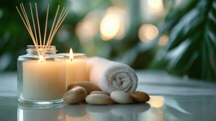 Relaxing spa setting with scented candles, reed diffuser, smooth stones, and a rolled white towel creating a calm and soothing atmosphere with blurred green background