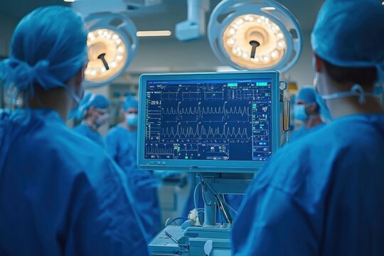 medical professionals in surgical scrubs monitoring vital signs on screen during a hospital operation under bright surgical lights